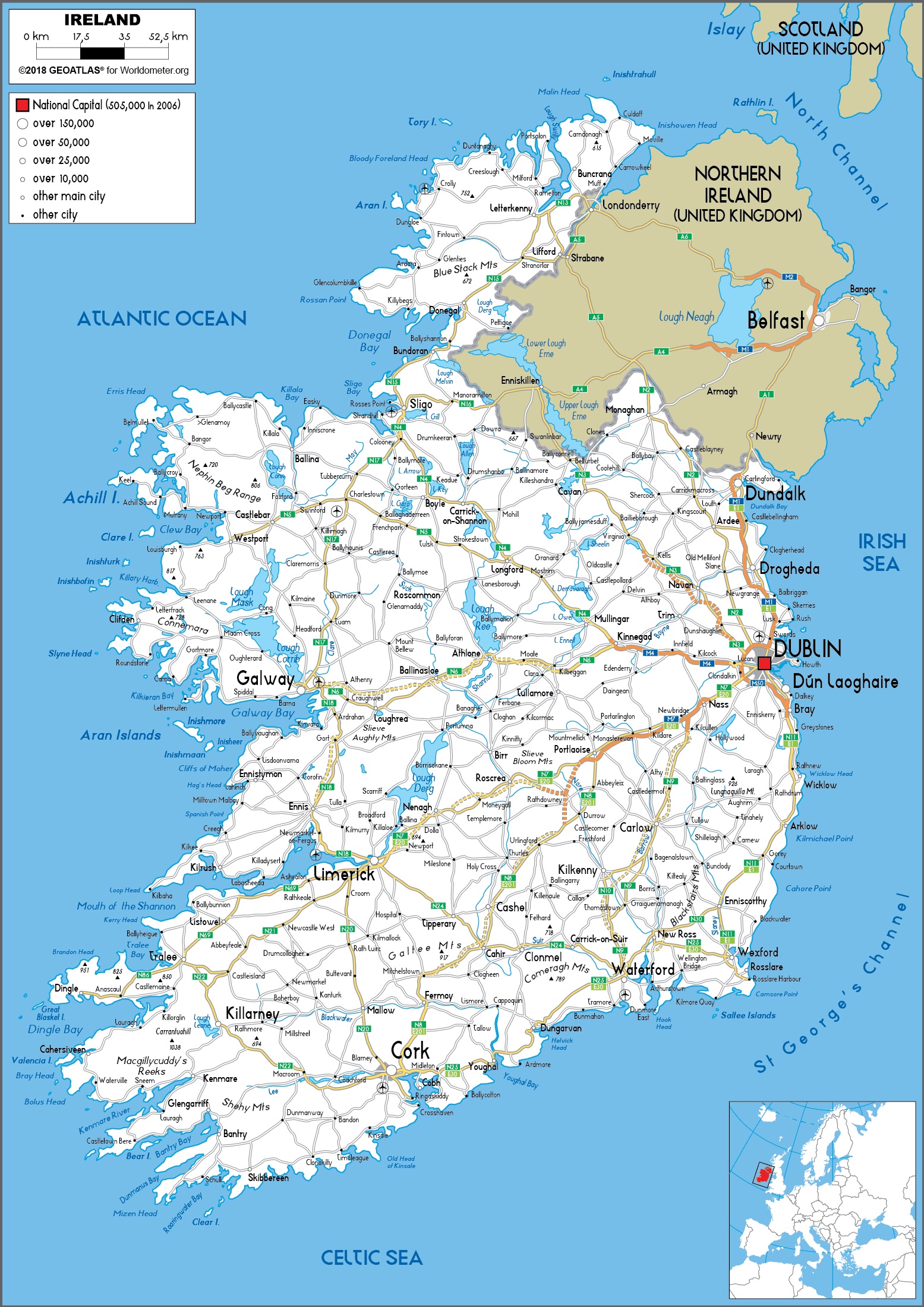 Carte routiere de l Irlande avec villes et reseau principal