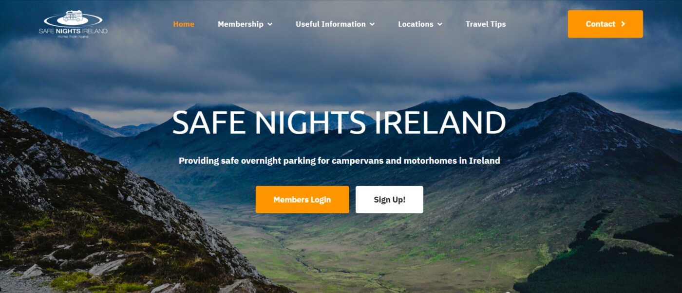 Page d’accueil de Safe Nights Ireland avec accès à l’espace membre.