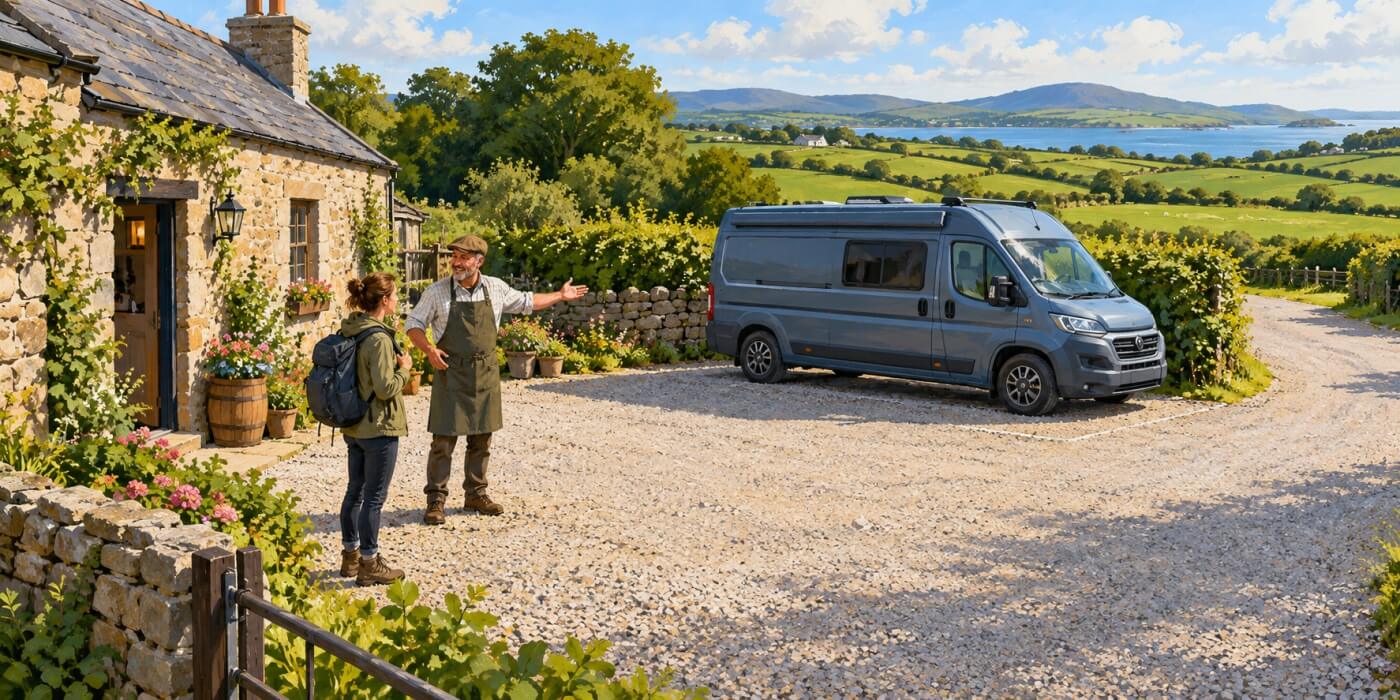 Un hôte accueille une voyageuse près d’un van garé dans une cour privée en Irlande.