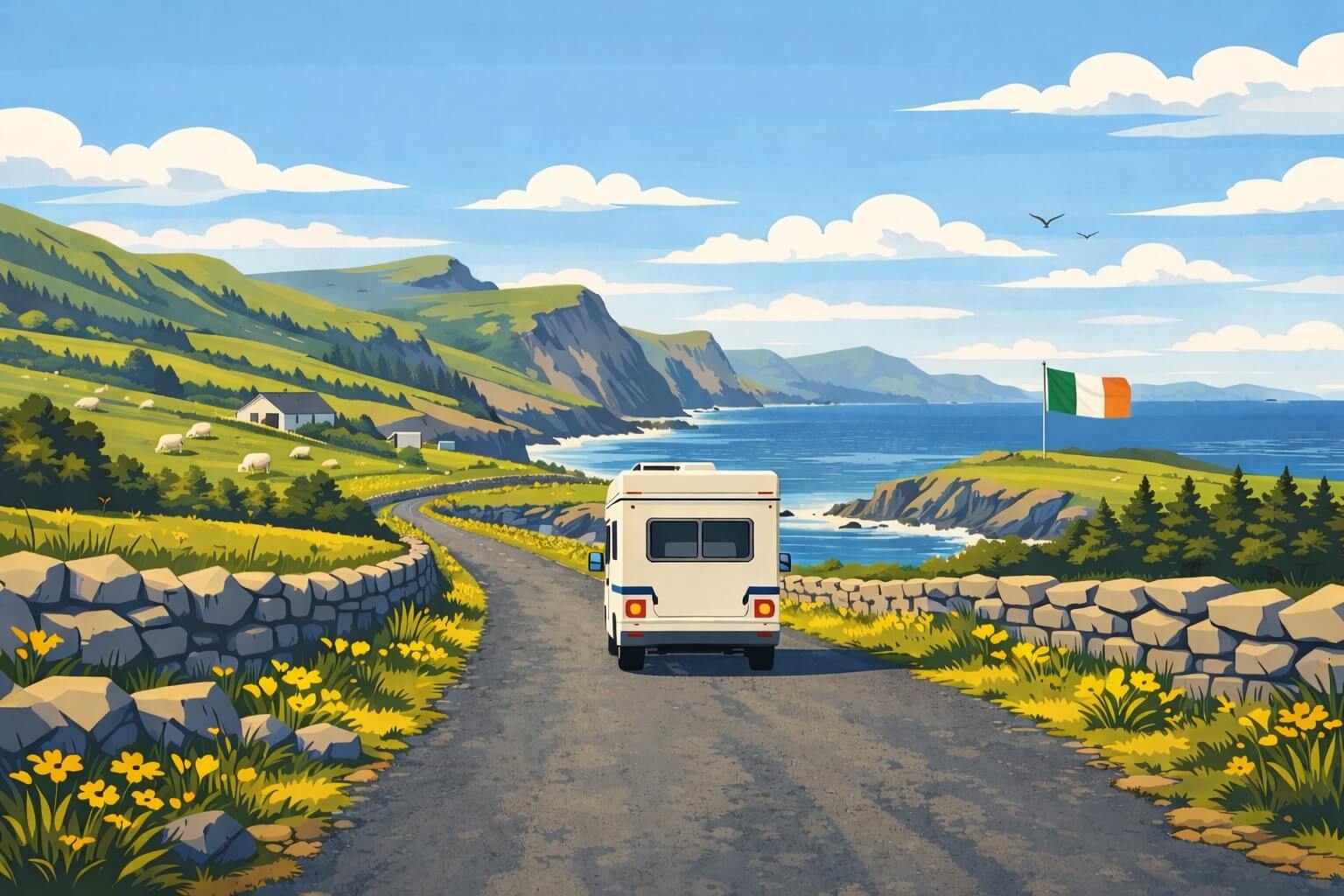 camping-car sur une route côtière avec falaises et mer en irlande